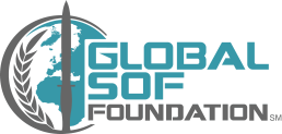 Logo for Global SOF Foundation featuring a globe with continents in light blue shades on the left, with a sword vertically aligned over the globe. The text 