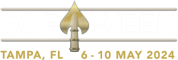 Logo for SOF Week 2024. A spearhead torch is in the center, flanked by black horizontal bars. The text reads 
